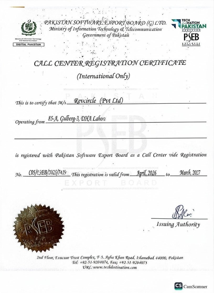 PSEB International Call Center Registration Certificate