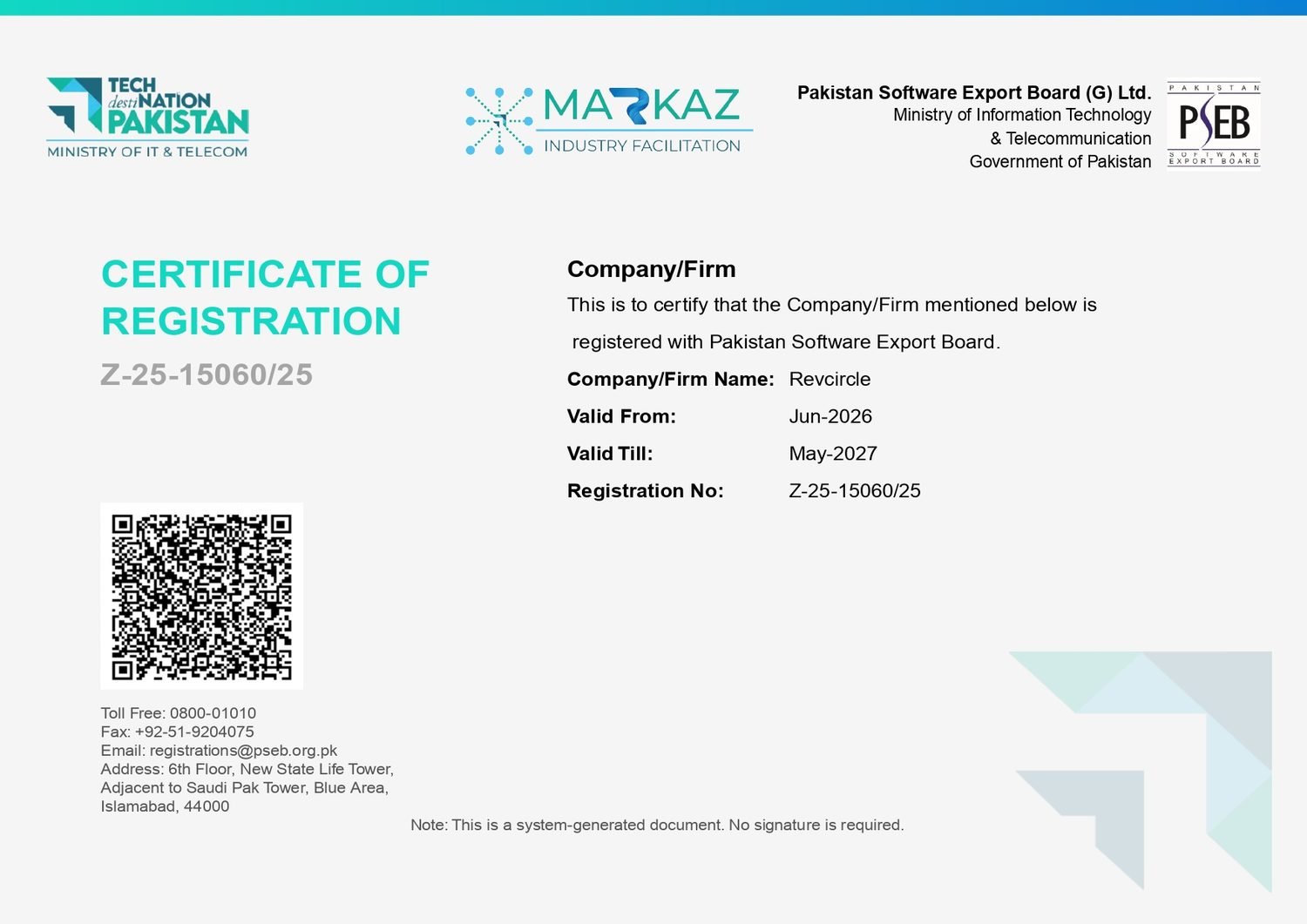 PSEB Company Registration Certificate